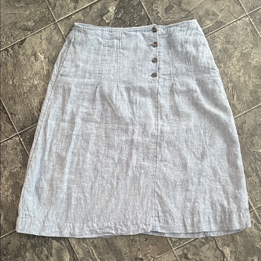 100% Linen WHITE STUFF Women's Light Blue Button-Front Skirt Preppy Coastal